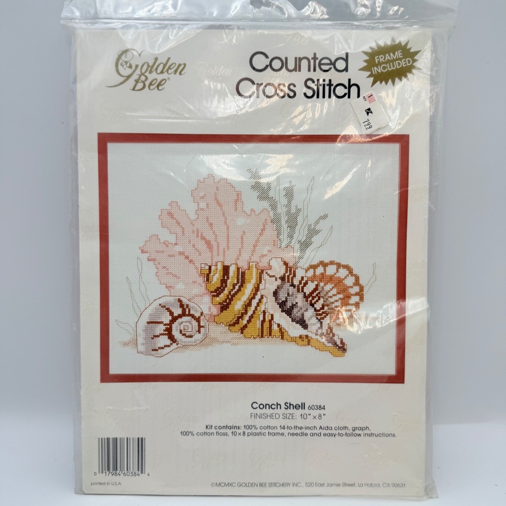 Golden Bee Conch Shell Counted Cross Stitch Kit 60384 Vintage Frame Included